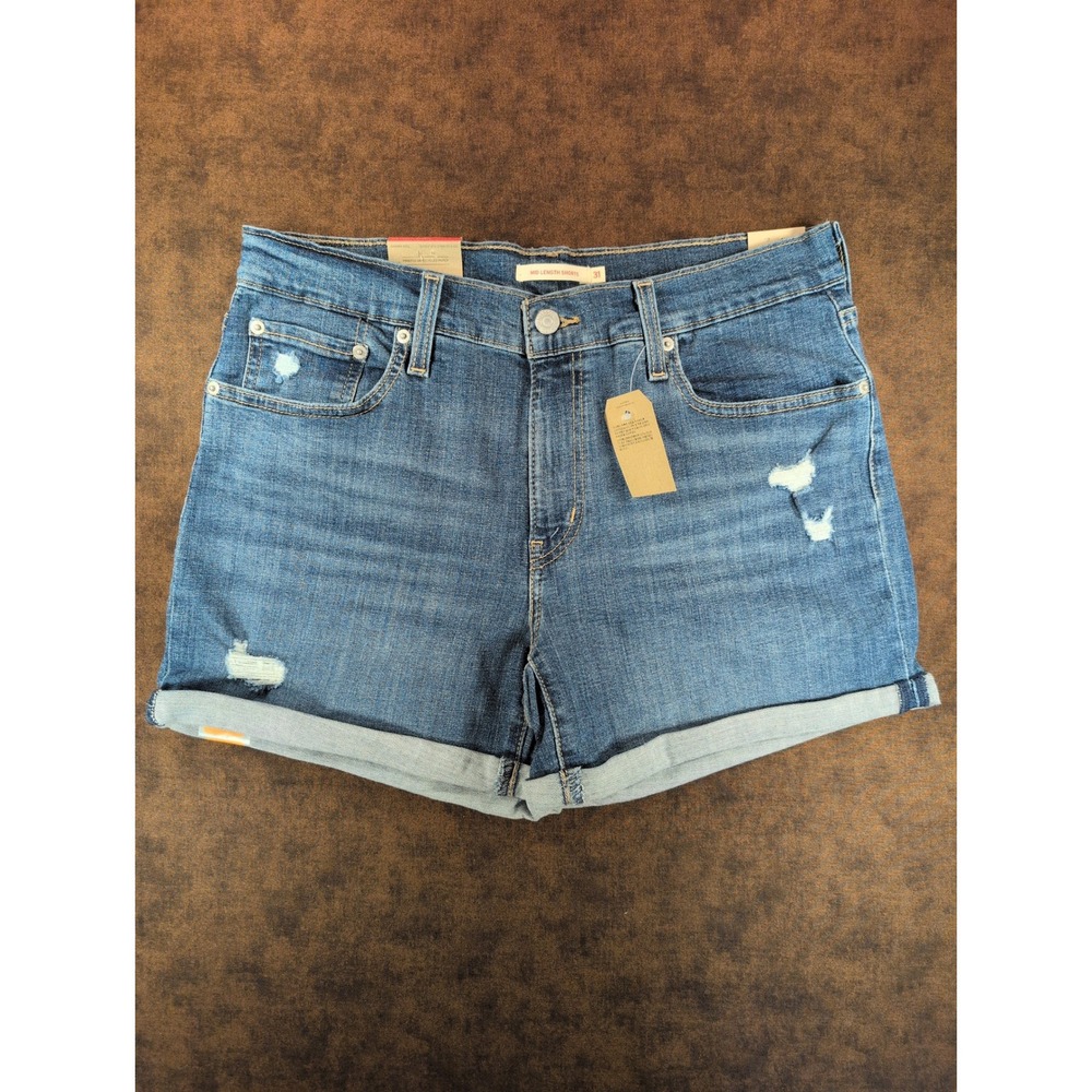 Levis Womens Mid‎ Length Hypersoft Stretch Denim Shorts Medium Wash Blue 12 W31